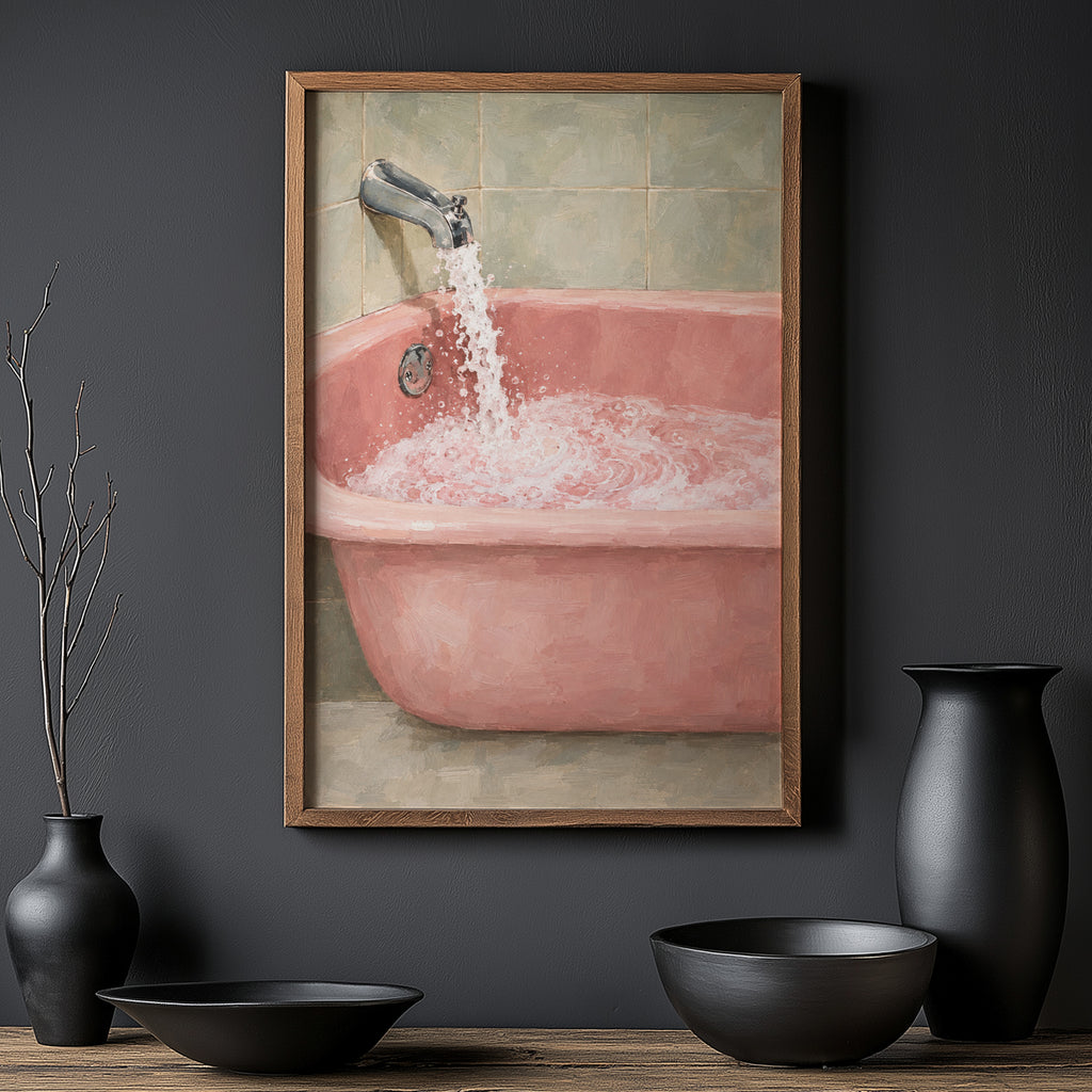 Vintage Pink Bathtub Print, Retro Bathroom Poster