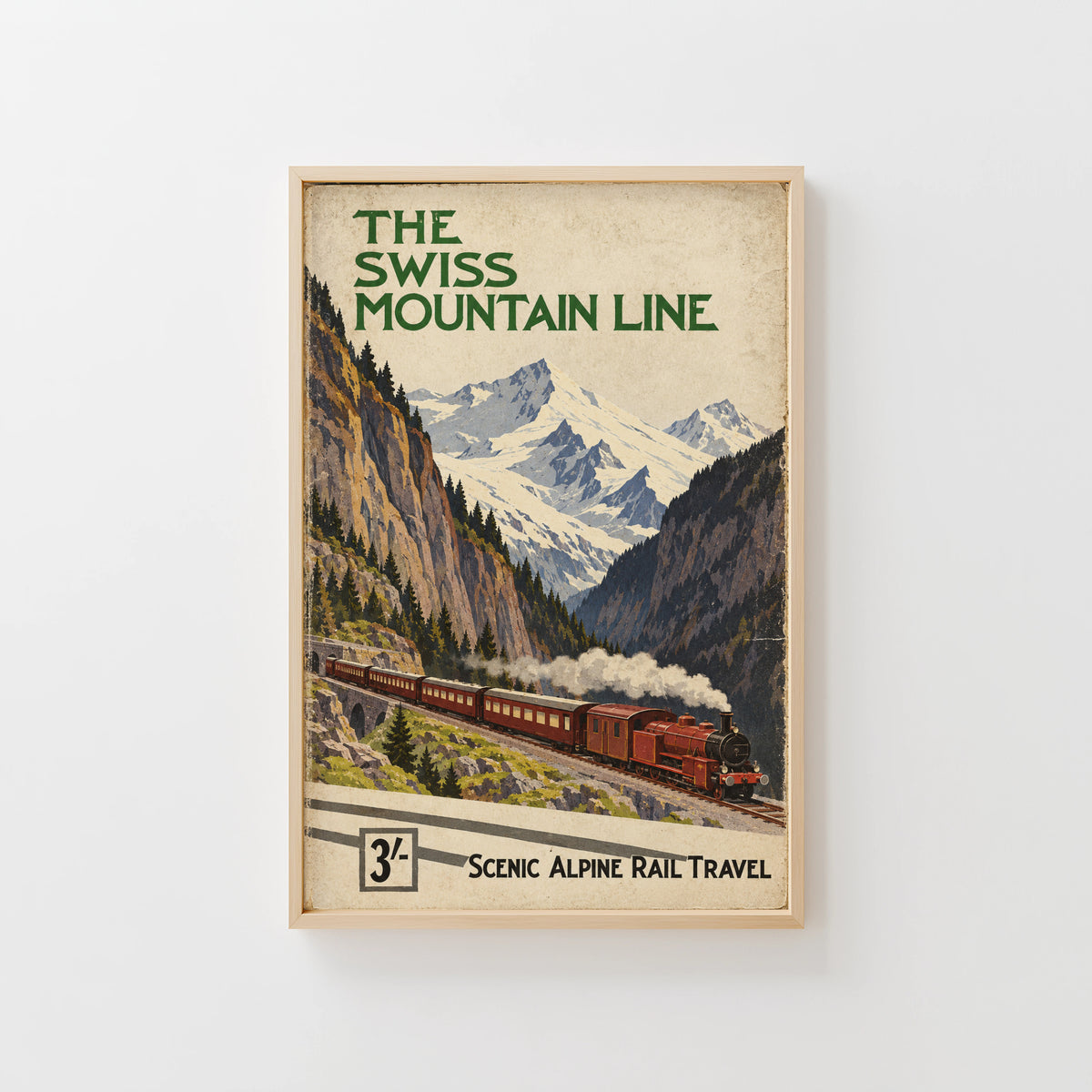 Vintage Swiss Mountain Line Print Poster, Alpine Train