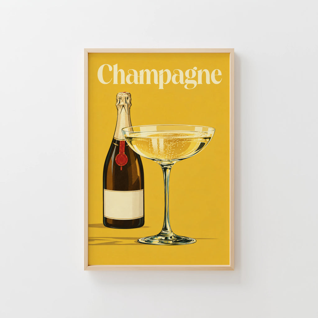 Vintage Champagne Print Poster, Retro Bar Wall Art
