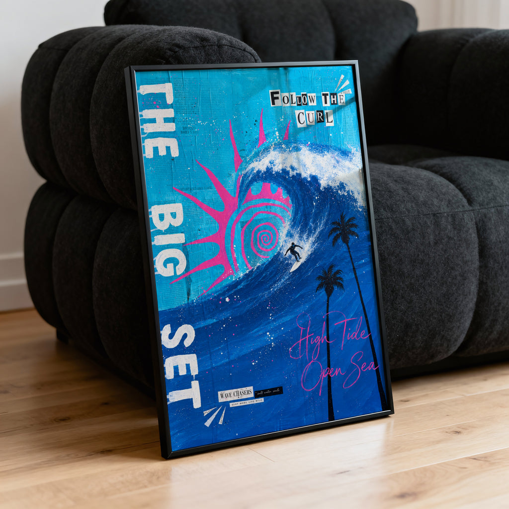 Vintage Surf Print Poster, Big Wave Wall Art, Palm Trees