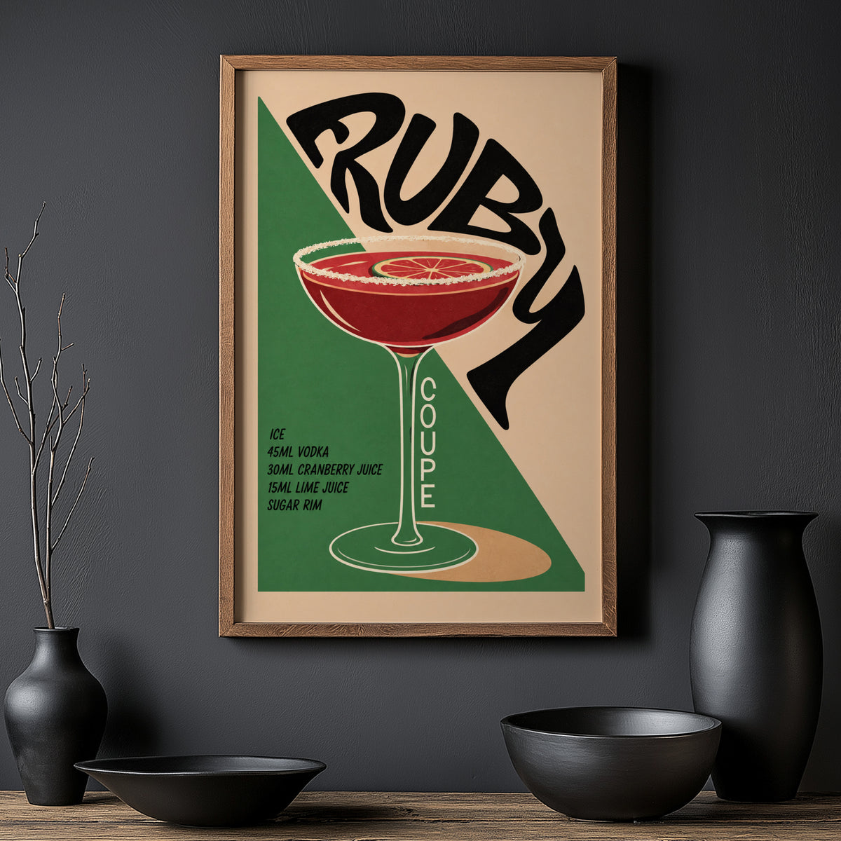 Vintage Ruby Cocktail Print Poster, Bar Cart Wall Art