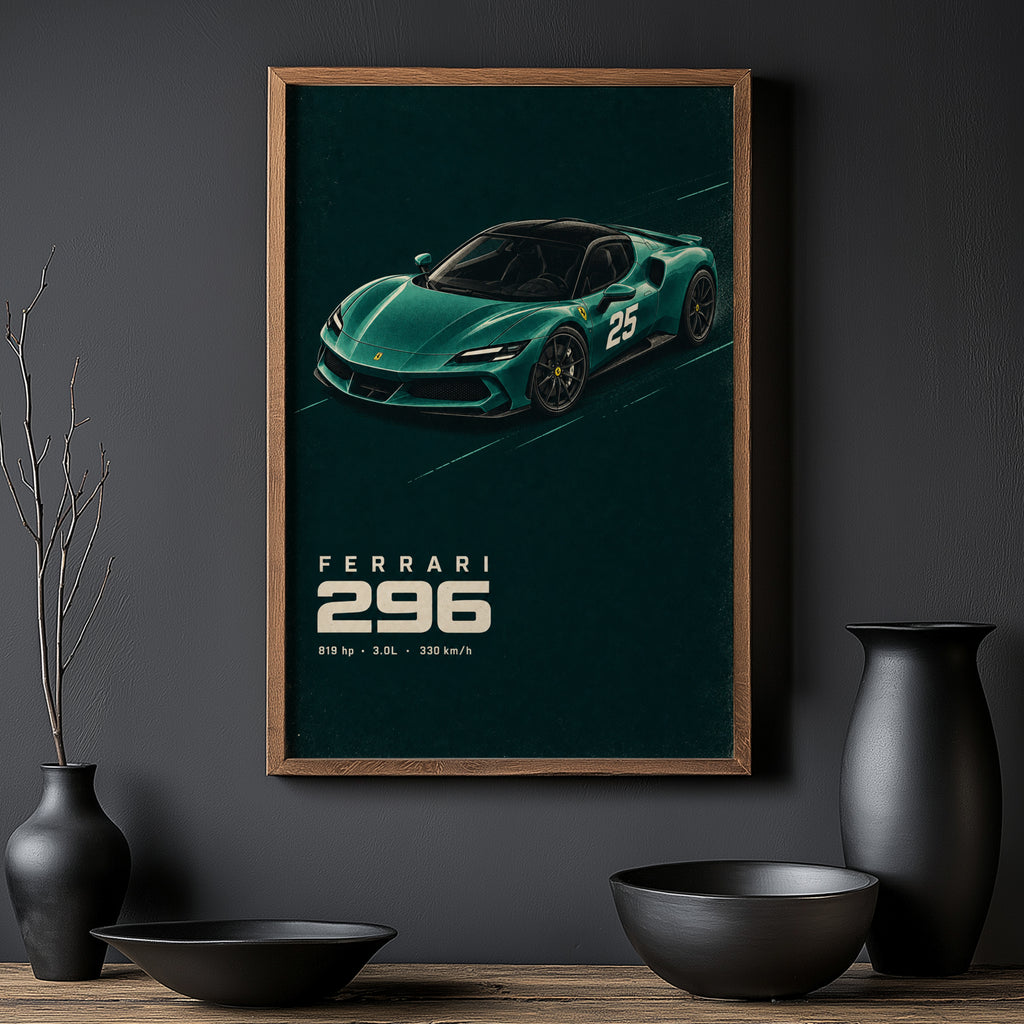Vintage Ferrari 296 Print Poster, Supercar Wall Art