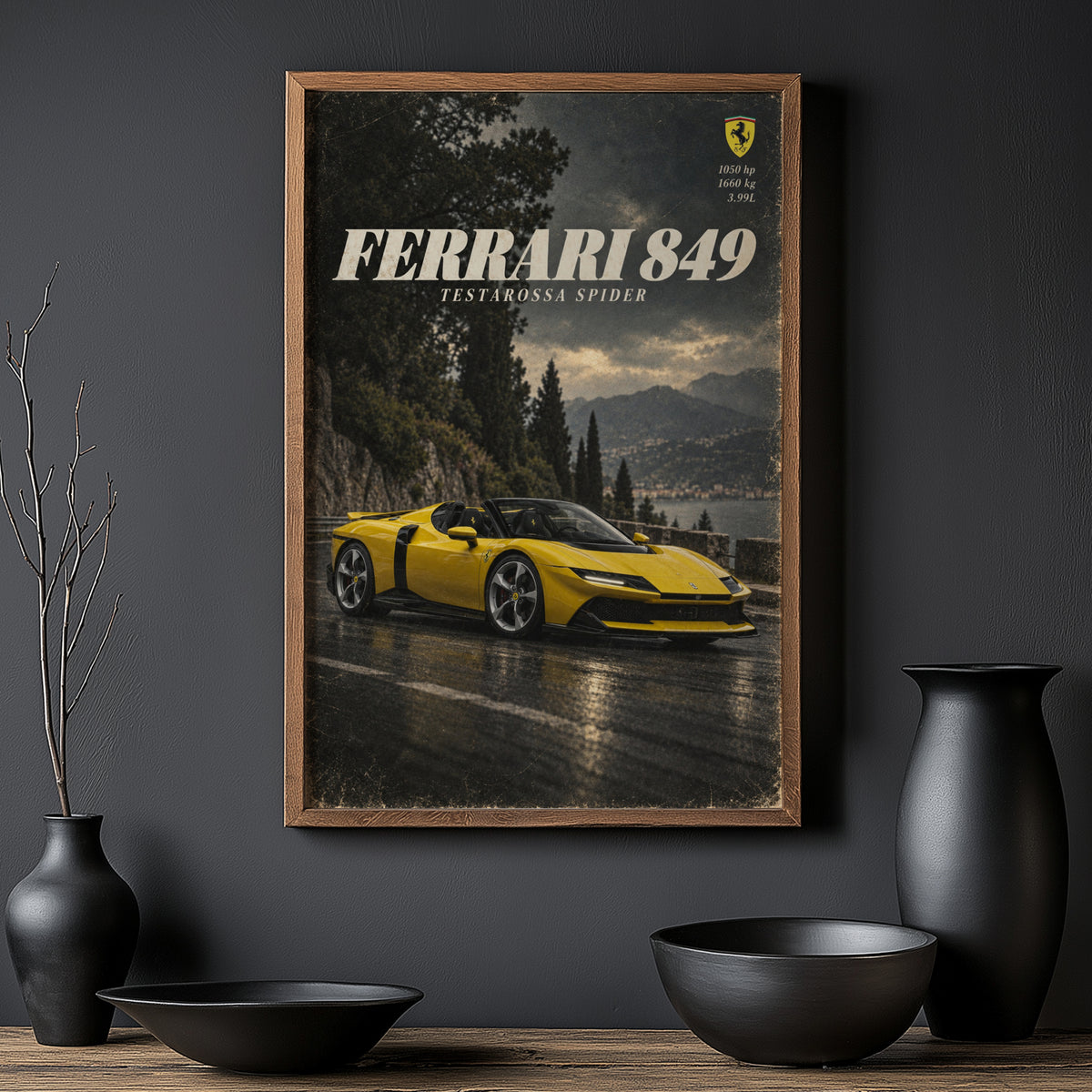 Vintage Ferrari Print, Yellow Supercar Wall Art