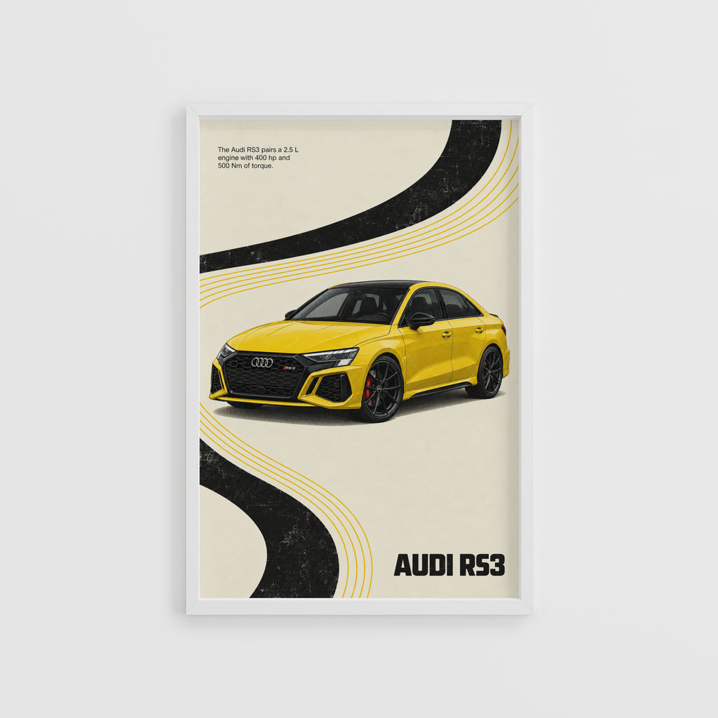 Vintage Audi RS3 Print, Yellow Sports Car Wall Art