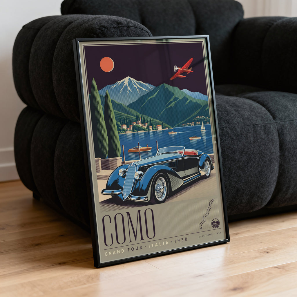 Vintage Lake Como Italy Poster, Art Deco Wall Art, Car Print