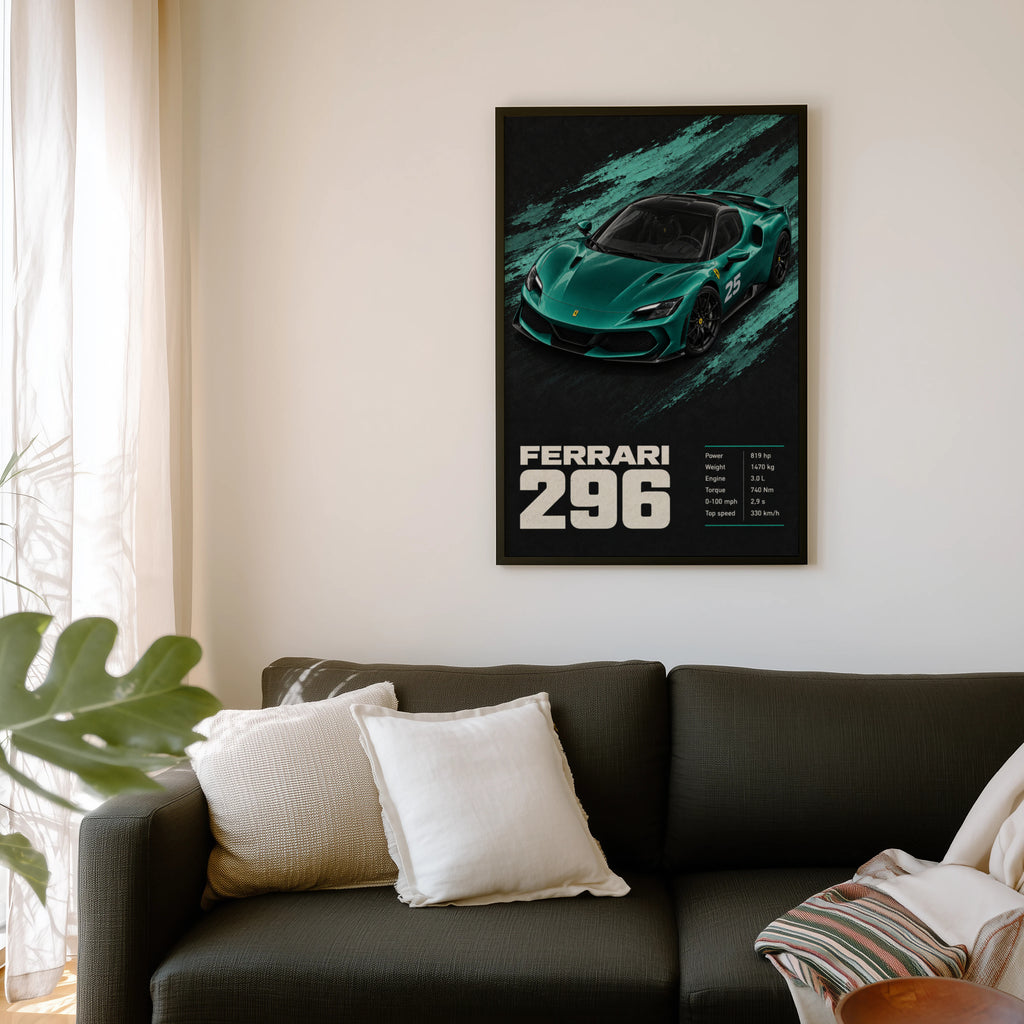 Vintage Ferrari 296 Print, Teal Car Wall Art