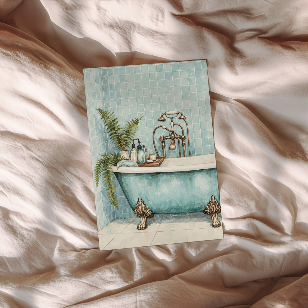 Vintage Clawfoot Bath Print and Poster, Aqua Bathroom Art