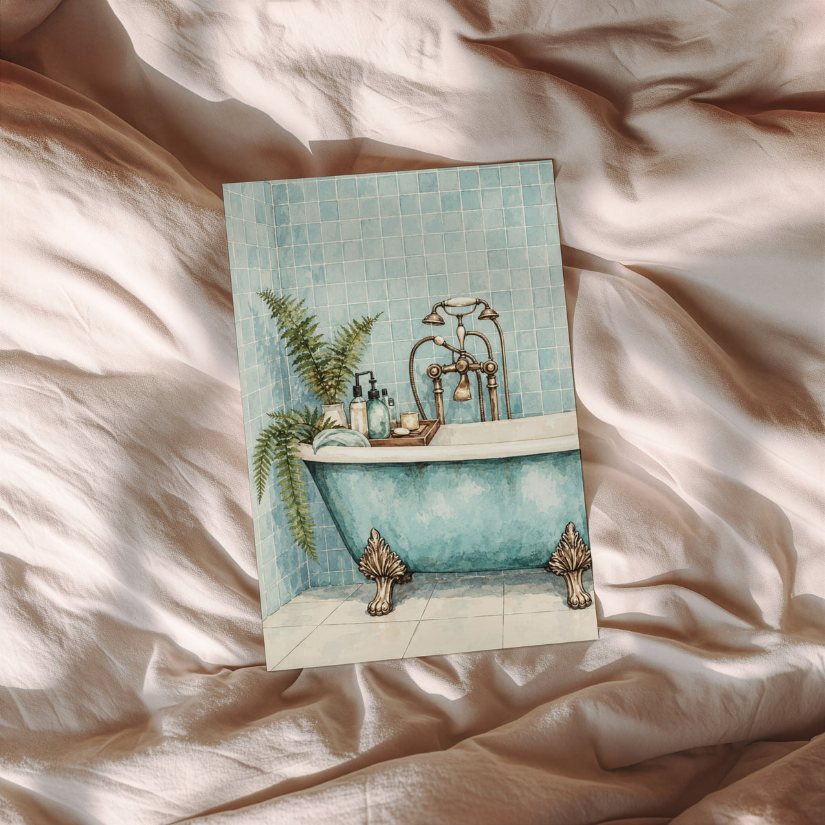 Vintage Clawfoot Bath Print and Poster, Aqua Bathroom Art