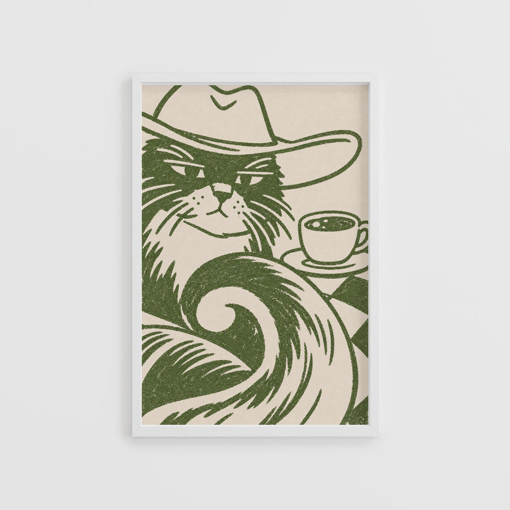 Vintage Cowboy Cat Coffee Print Poster, Green Wall Art