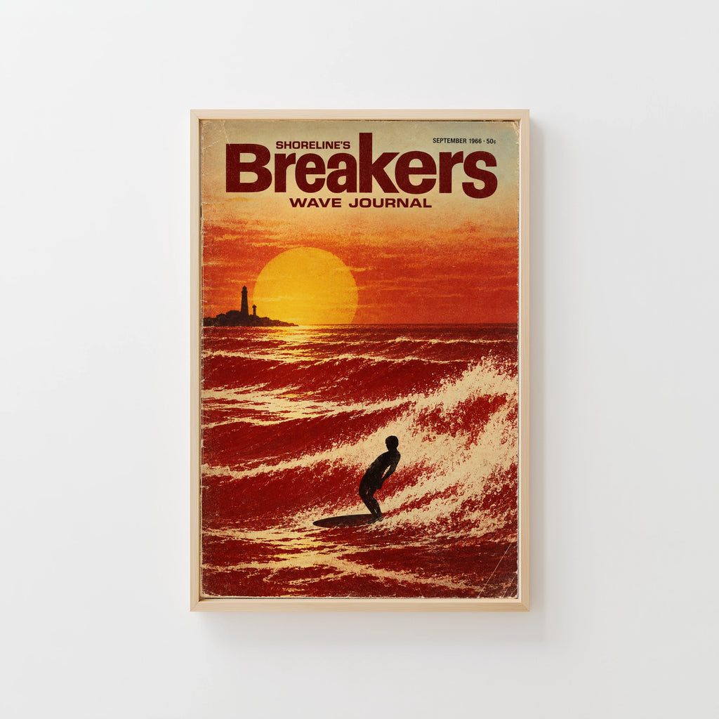 Vintage Breakers Surf Poster, Retro Sunset Wave Print