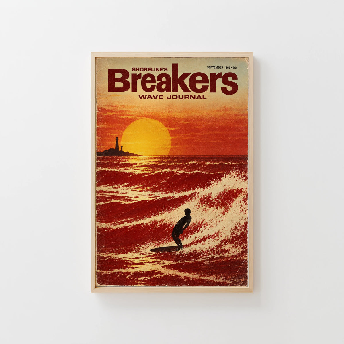 Vintage Breakers Surf Poster, Retro Sunset Wave Print
