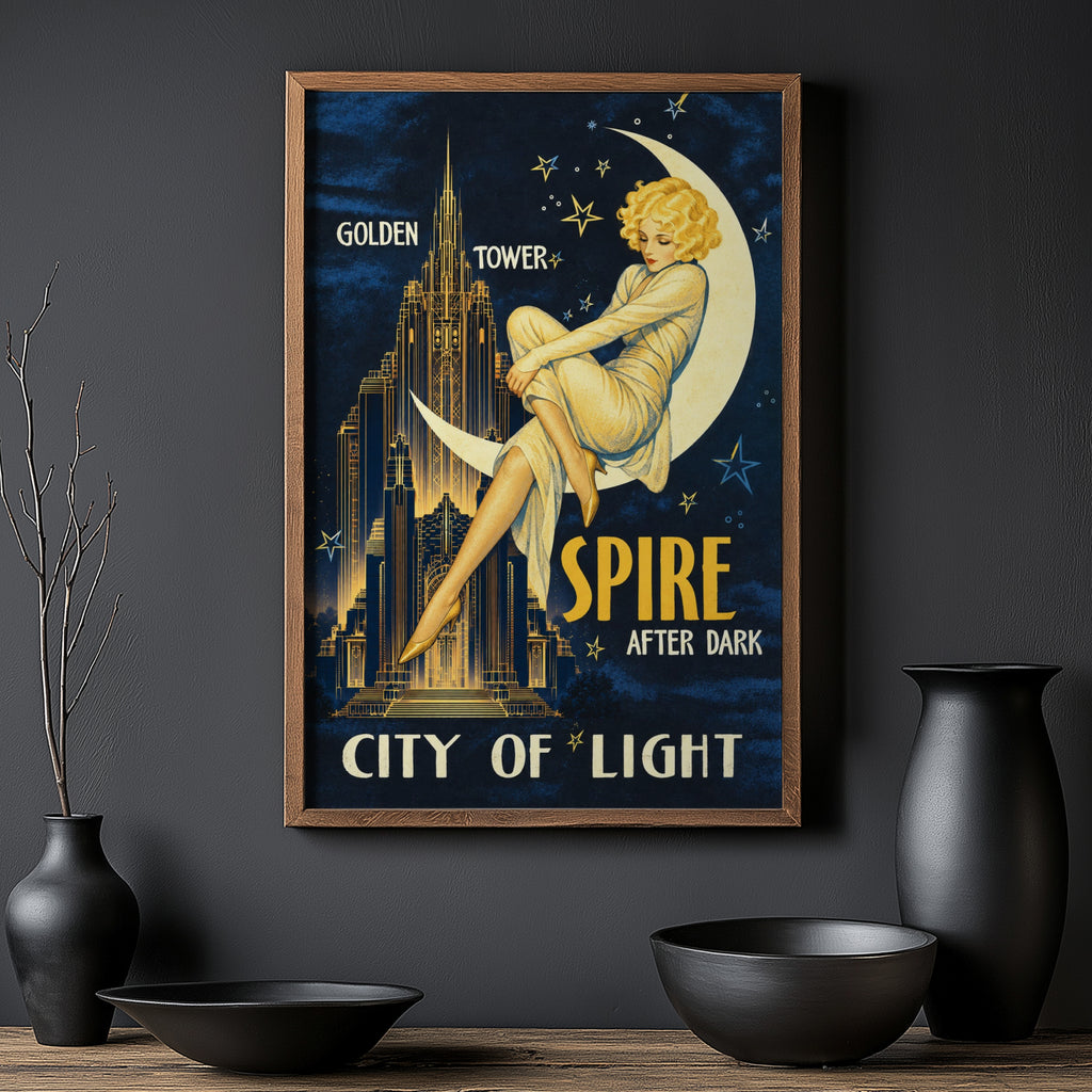 Vintage Art Deco Moon Lady Poster, Night City Wall Art Print