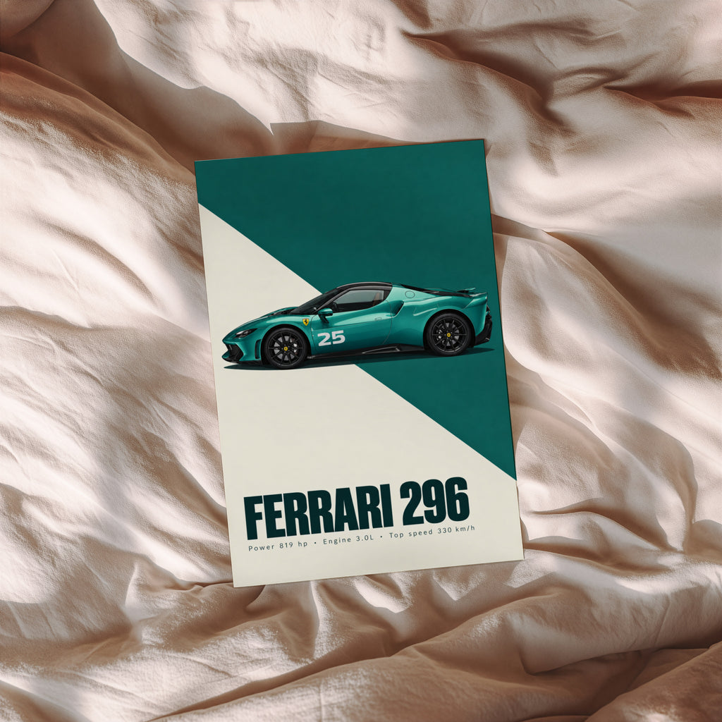 Vintage Ferrari 296 Print, Teal Car Wall Art