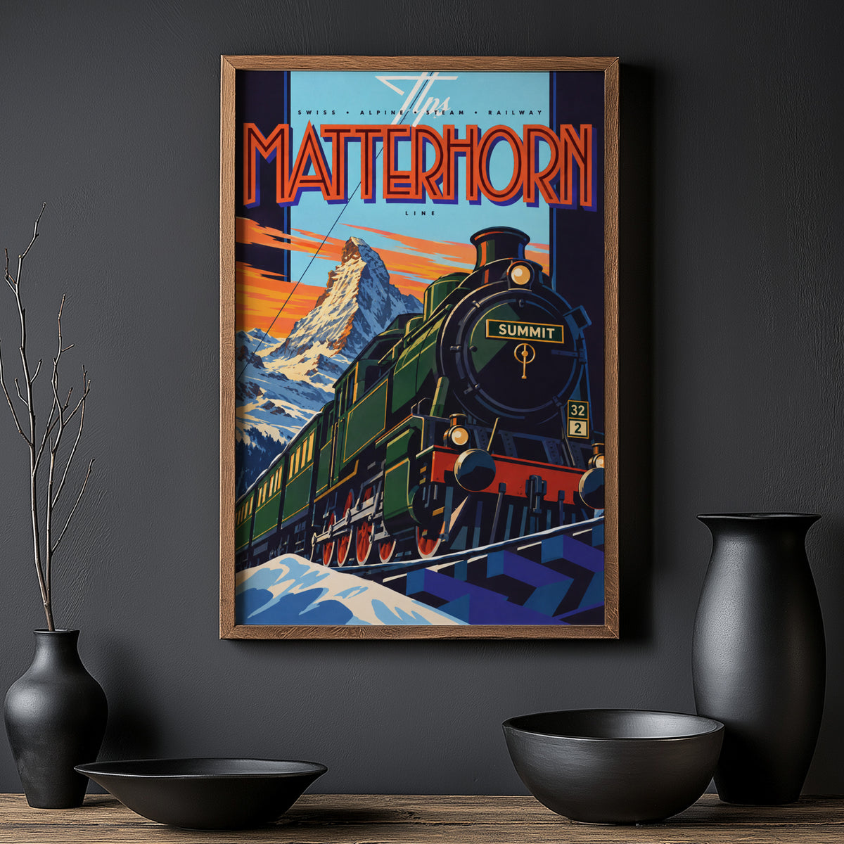 Vintage Matterhorn Train Print Poster, Swiss Alps Wall Art