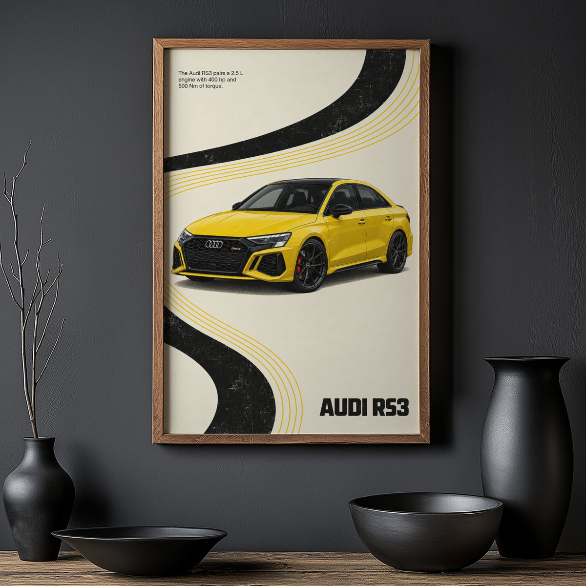 Vintage Audi RS3 Print, Yellow Sports Car Wall Art