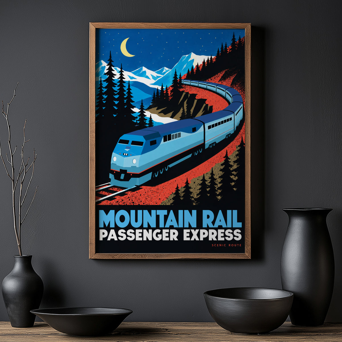Vintage Train Print Poster, Mountain Rail Wall Art