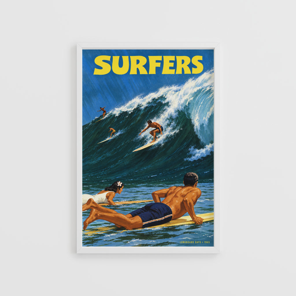 Vintage Surf Print Poster, Longboard Surfers Wave Art