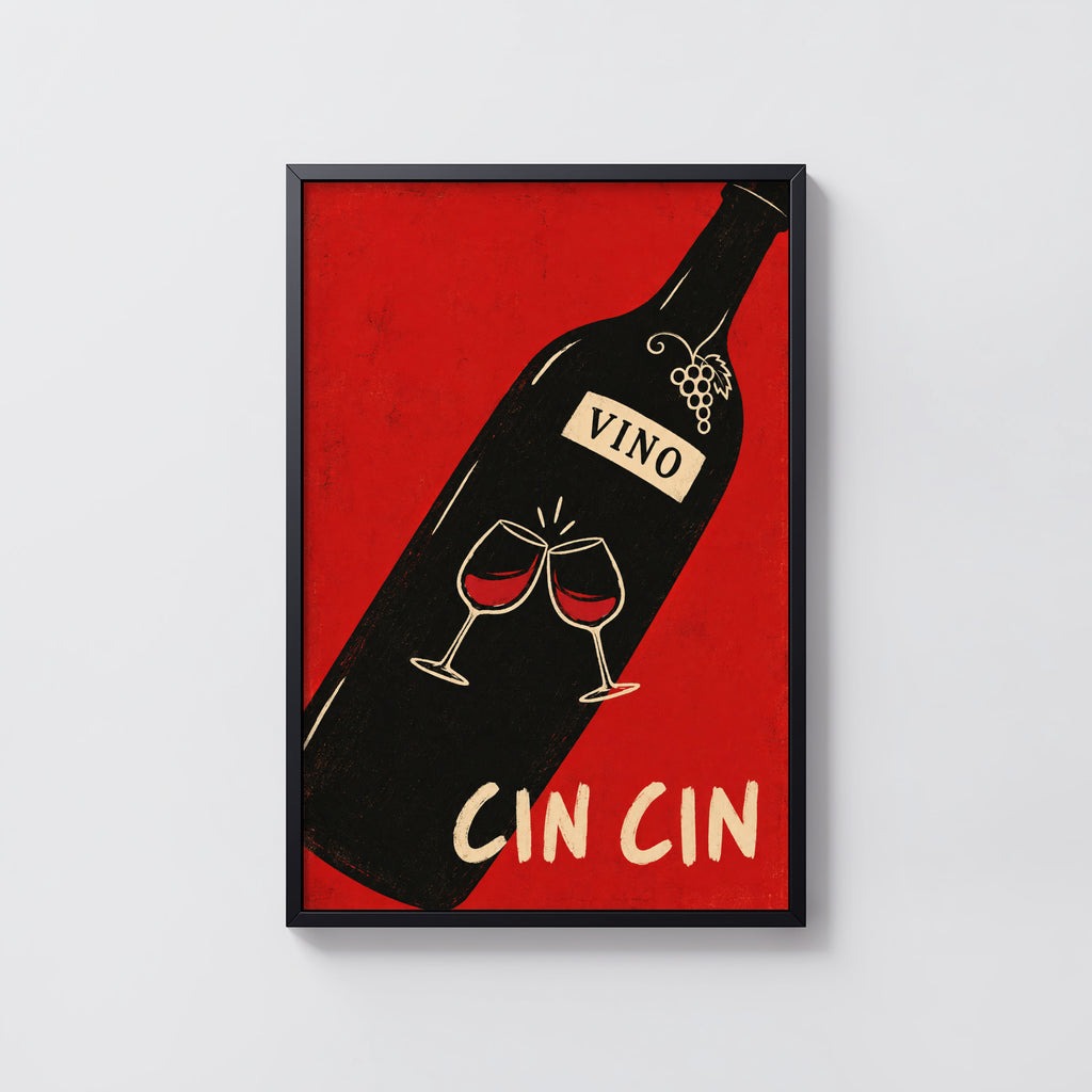 Vintage Cin Cin Wine Print Poster, Red Kitchen Art