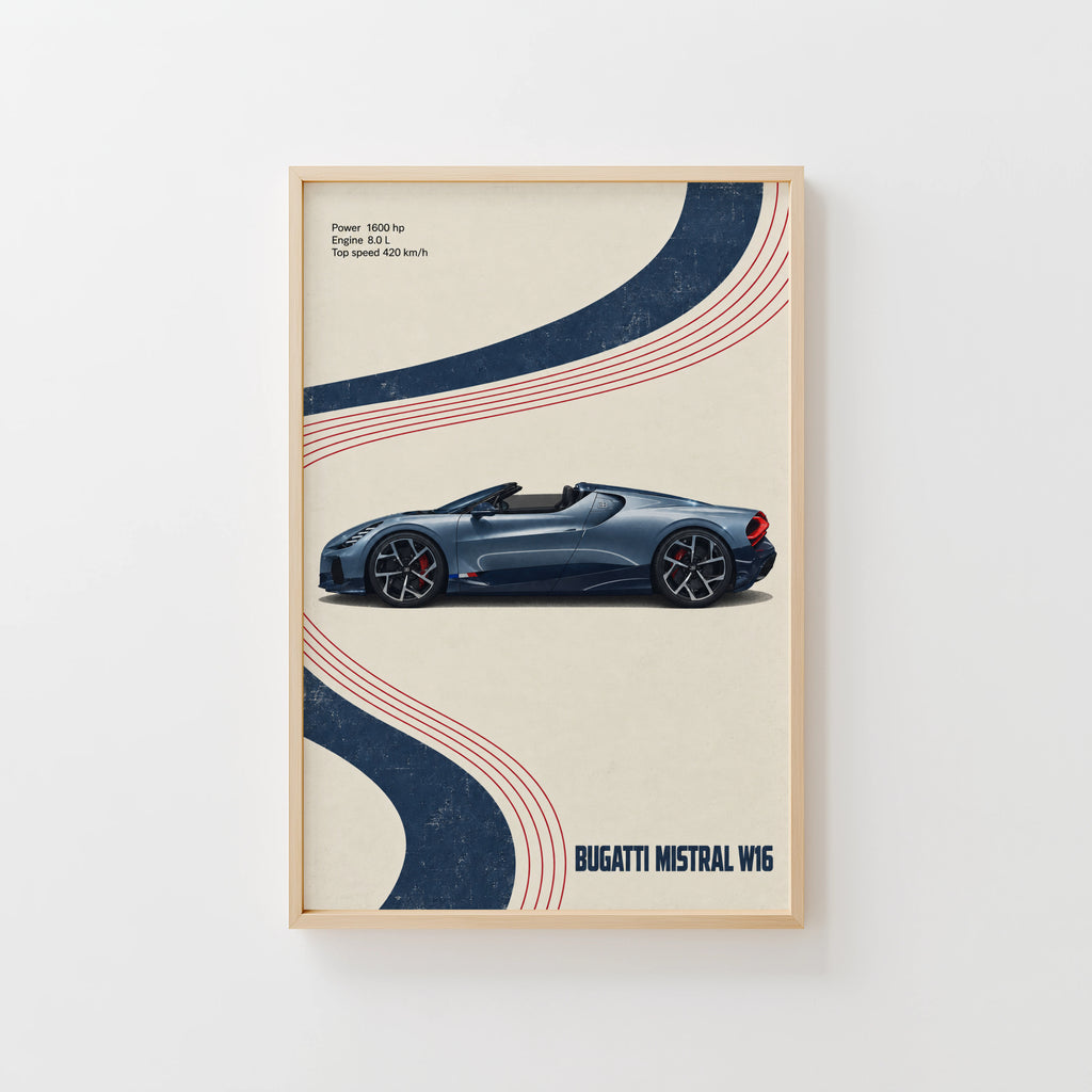 Vintage Bugatti Mistral W16 Print, Car Wall Art
