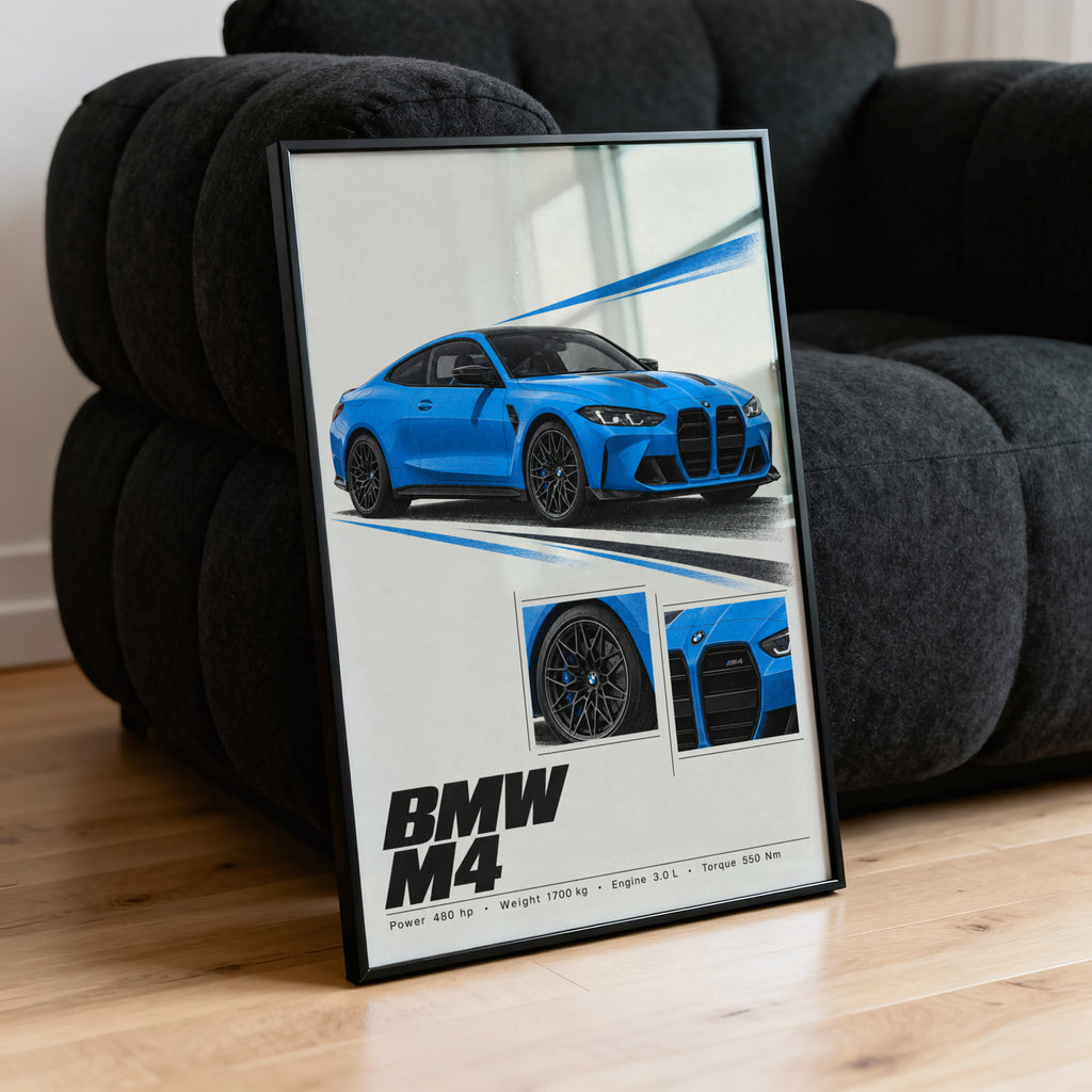 Vintage BMW M4 Print, Blue Car Wall Art