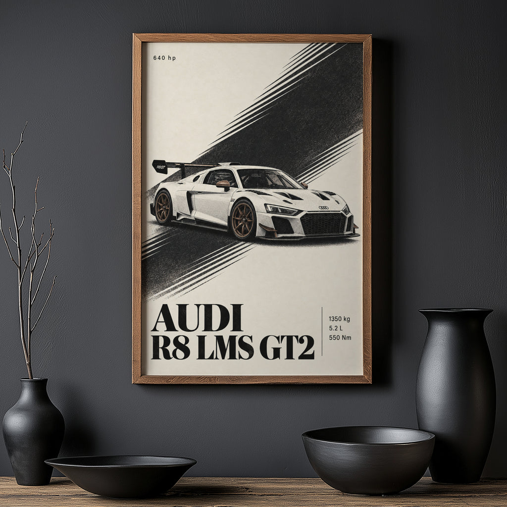Vintage Audi R8 LMS GT2 Print, Racing Car Art
