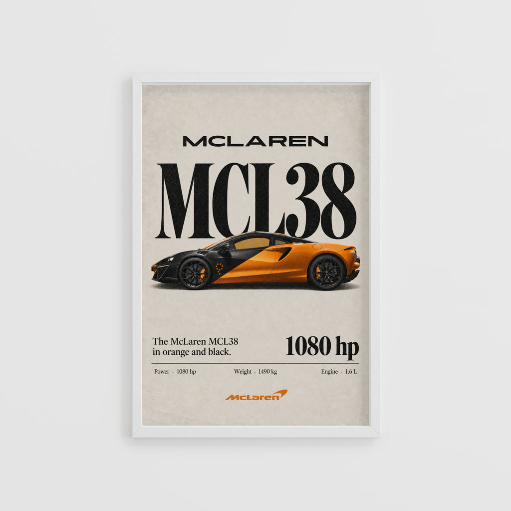 Vintage McLaren MCL38 Print, Orange Supercar Art