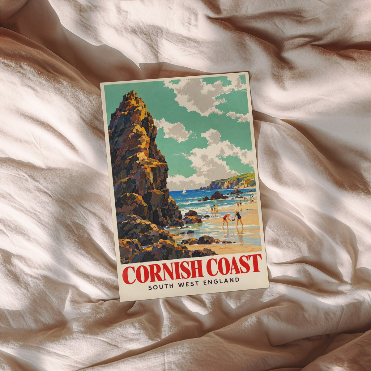 Vintage Cornish Coast Poster, Seaside Wall Art, Beach Print