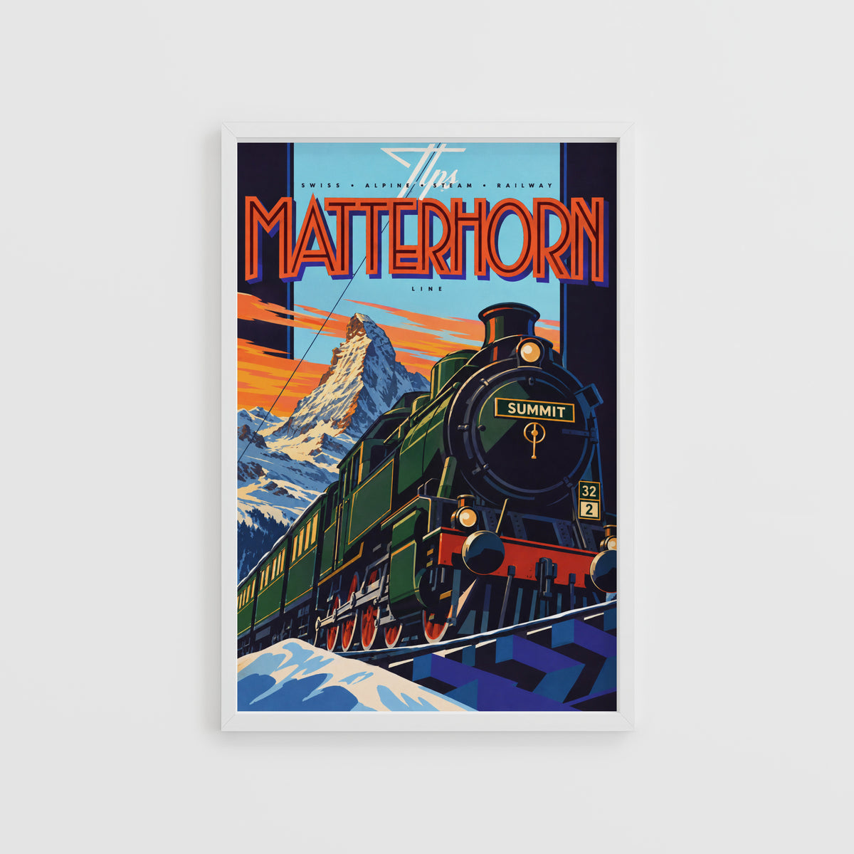 Vintage Matterhorn Train Print Poster, Swiss Alps Wall Art