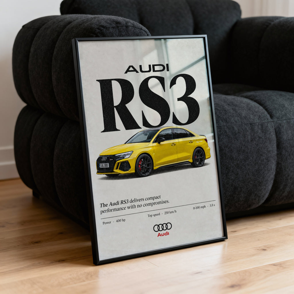 Vintage Audi RS3 Print, Yellow Sports Car Wall Art