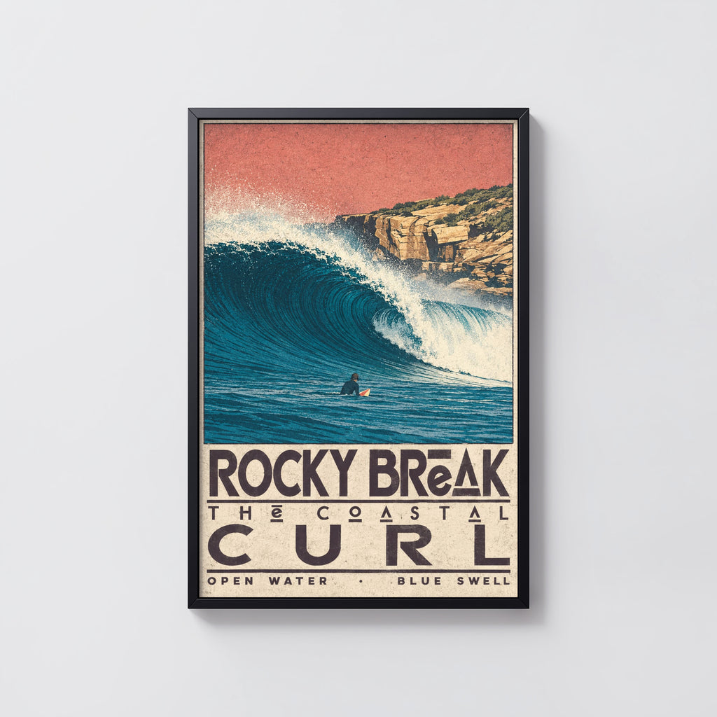 Vintage Surf Print, Rocky Break Poster, Coastal Wave