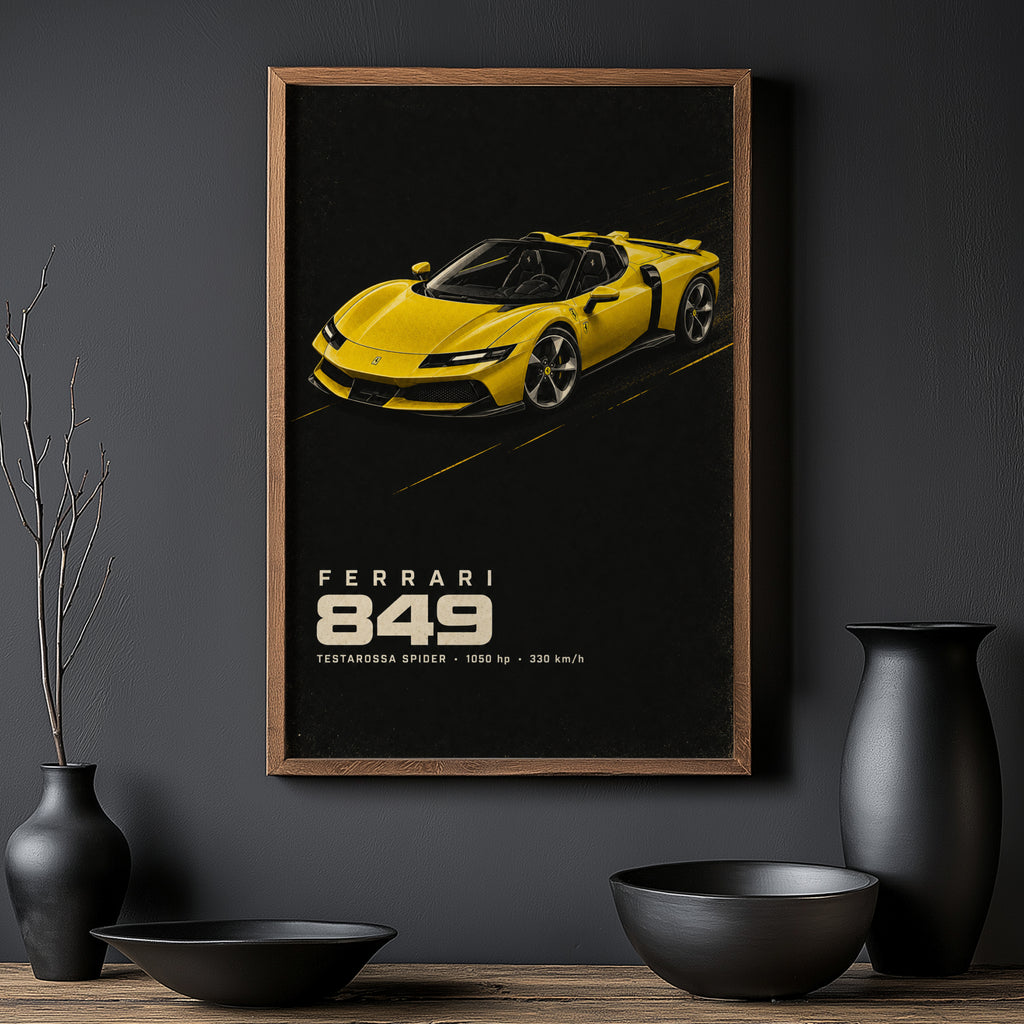 Vintage Ferrari Print, Yellow Supercar Wall Art