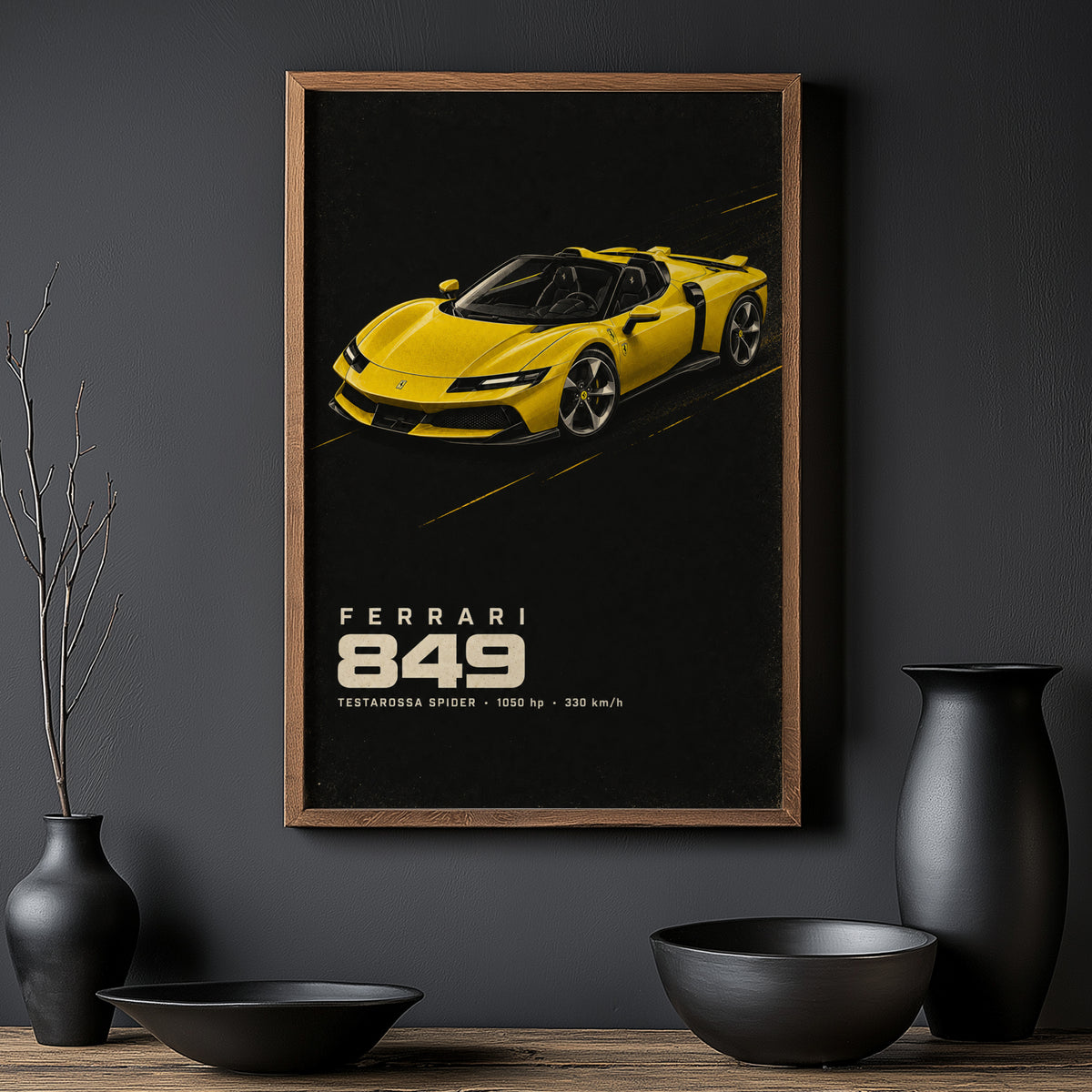 Vintage Ferrari Print, Yellow Supercar Wall Art