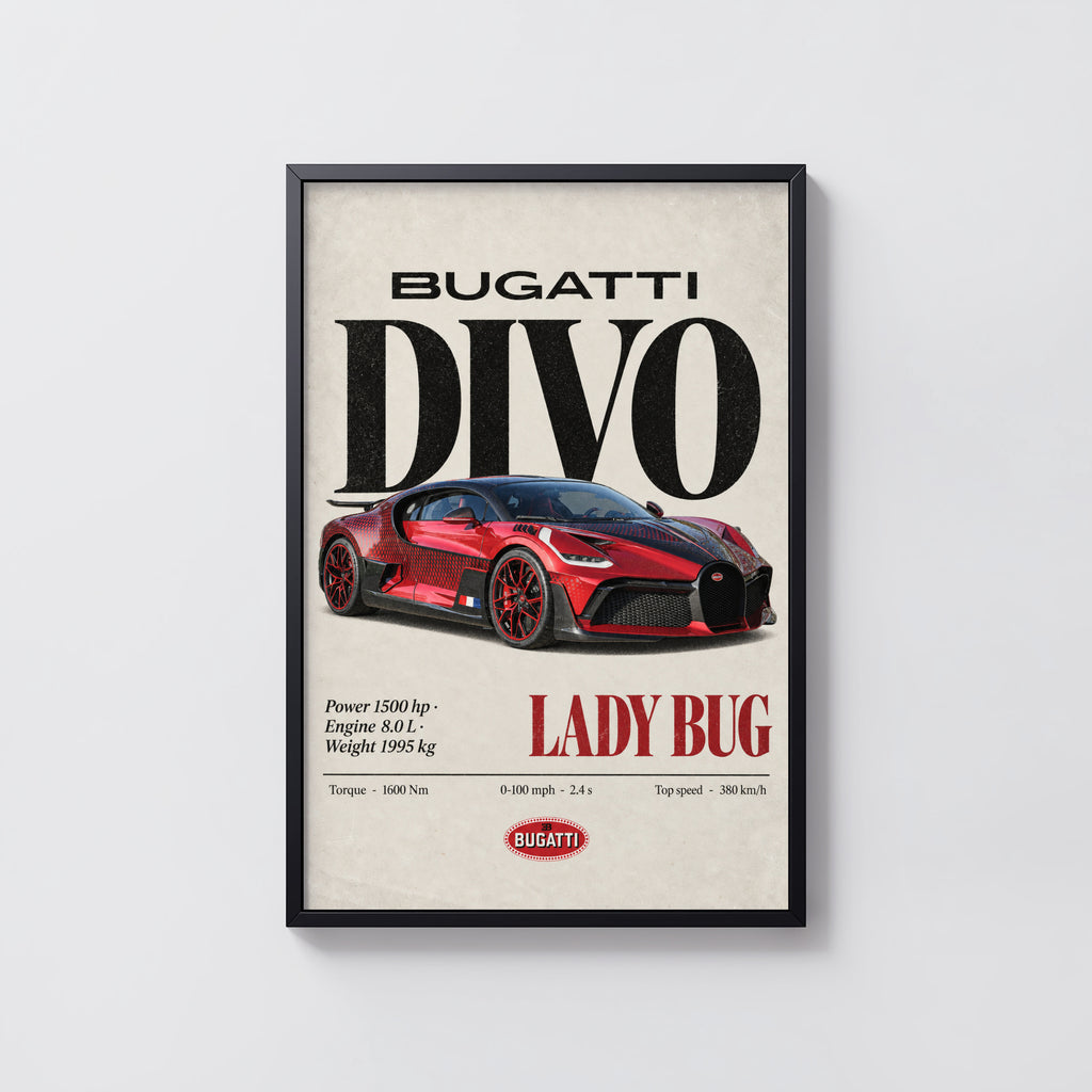 Vintage Bugatti Divo Lady Bug Print, Supercar Art