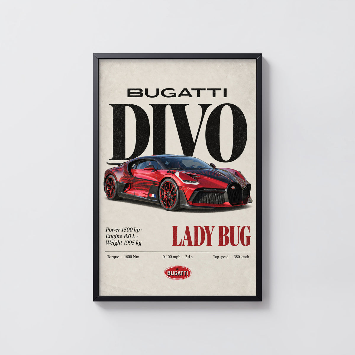 Vintage Bugatti Divo Lady Bug Print, Supercar Art