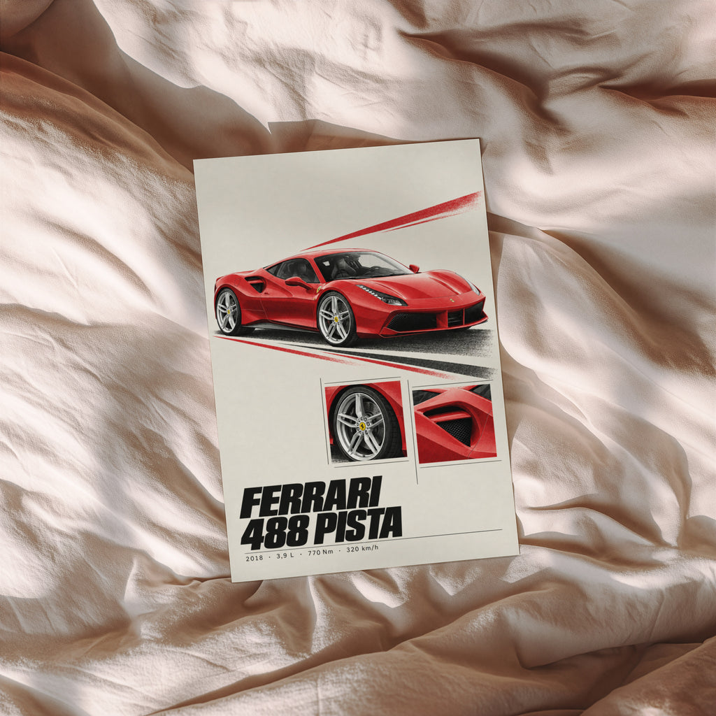 Vintage Ferrari 488 Pista Print, Supercar Wall Art