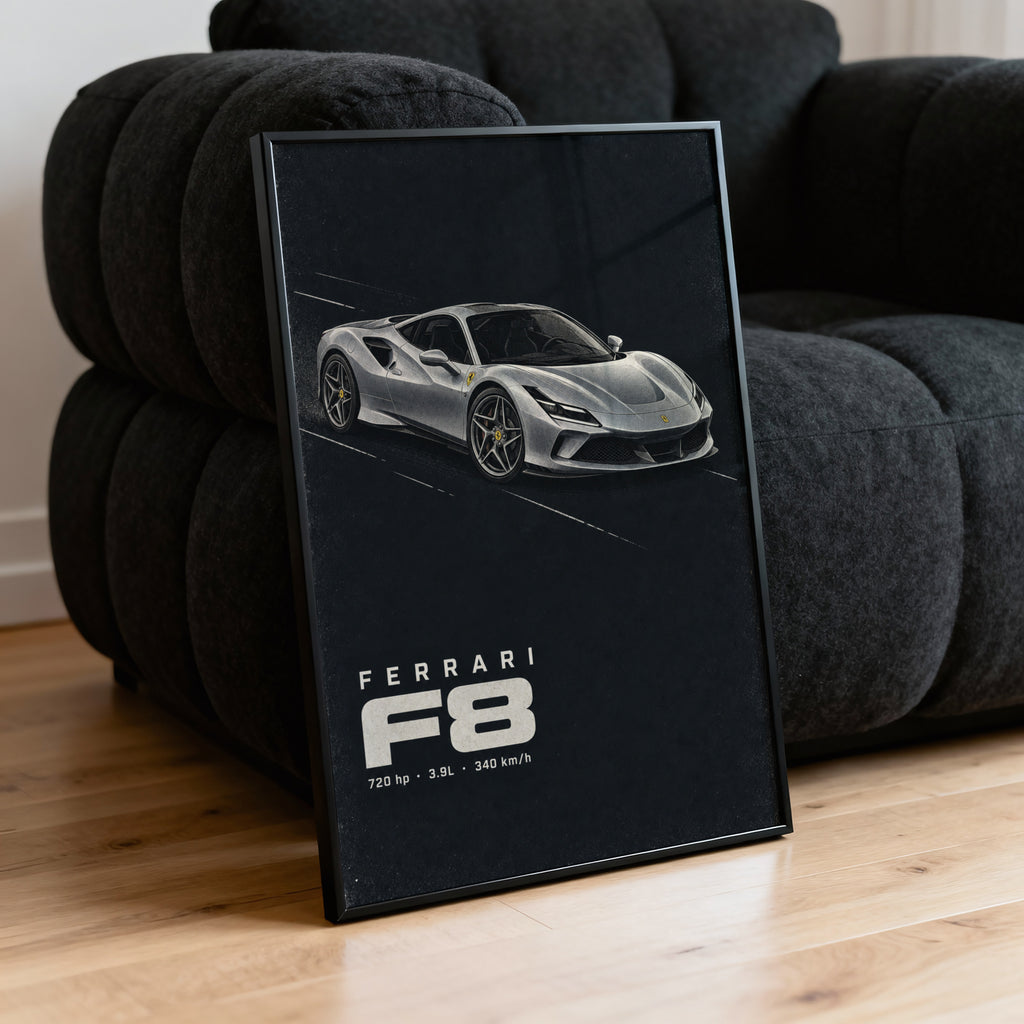 Vintage Ferrari F8 Print, Supercar Wall Art