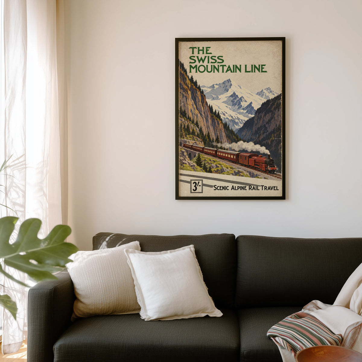 Vintage Swiss Mountain Line Print Poster, Alpine Train