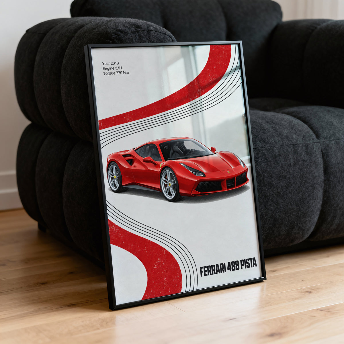 Vintage Ferrari 488 Pista Print, Red Supercar Art