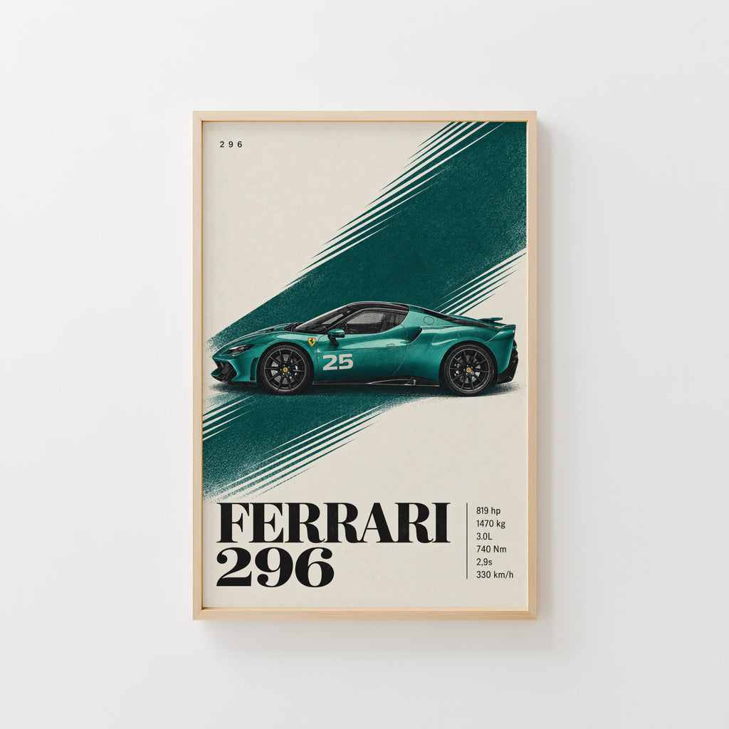 Vintage Ferrari 296 Print, Teal Supercar Wall Art