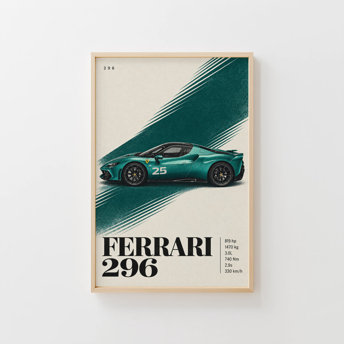 Vintage Ferrari 296 Print, Teal Supercar Wall Art