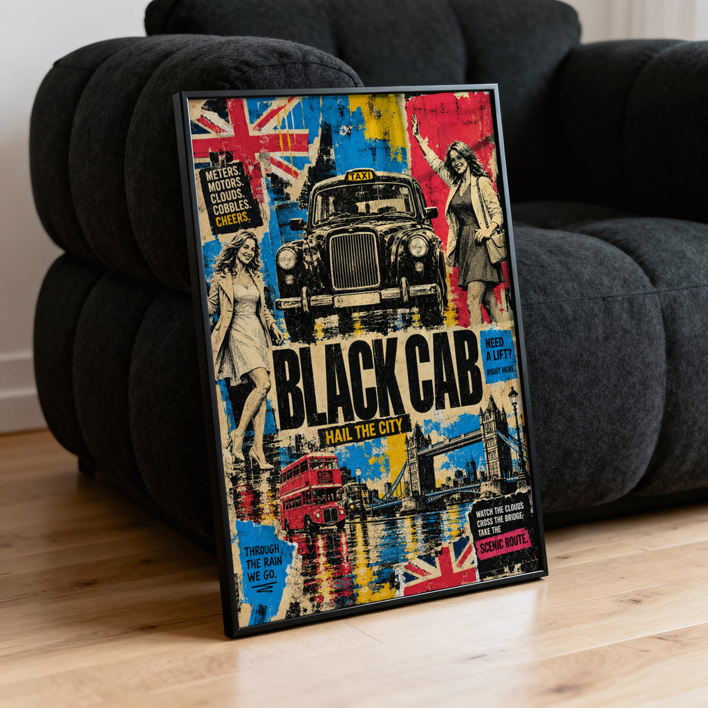 Vintage London Black Cab Poster, Retro Wall Art, Print