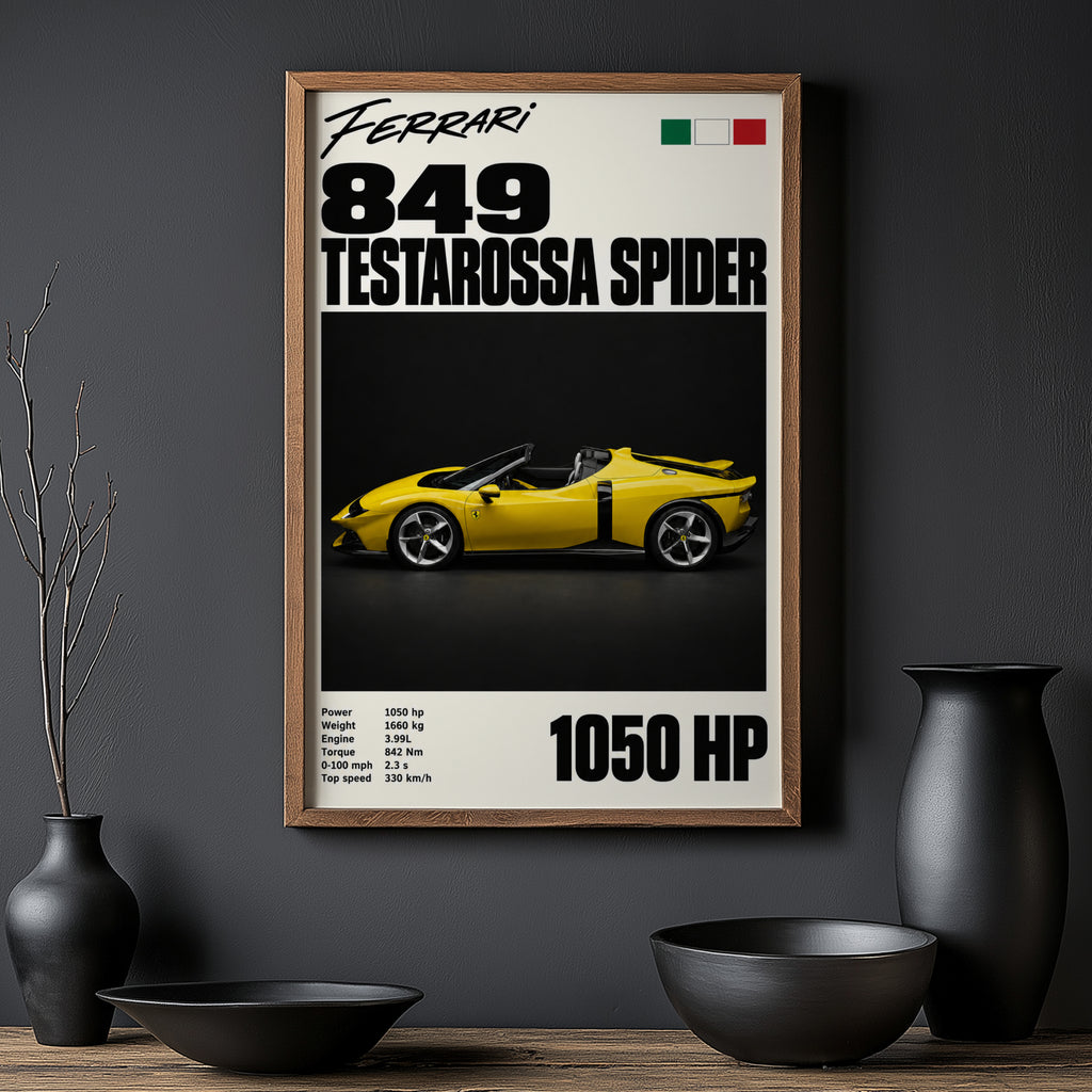 Vintage Ferrari Print, Yellow Supercar Wall Art