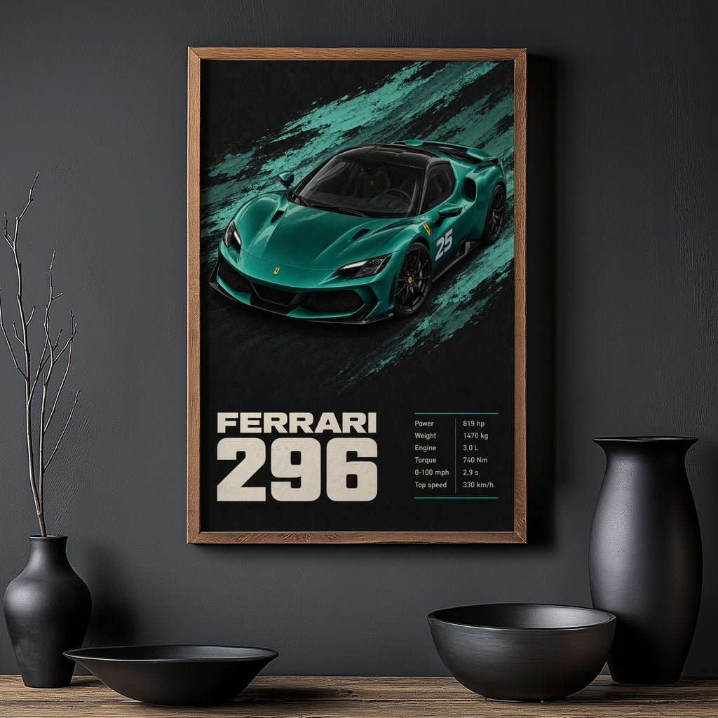 Vintage Ferrari 296 Print, Teal Car Wall Art