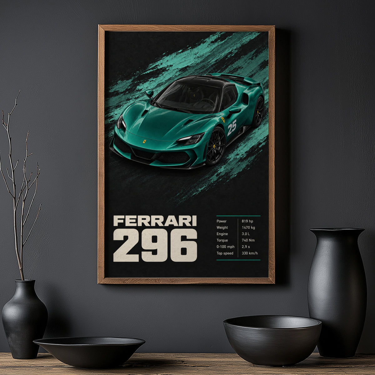 Vintage Ferrari 296 Print, Teal Car Wall Art
