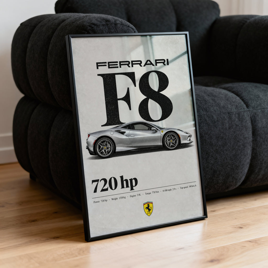 Vintage Ferrari F8 Print, Supercar Wall Art