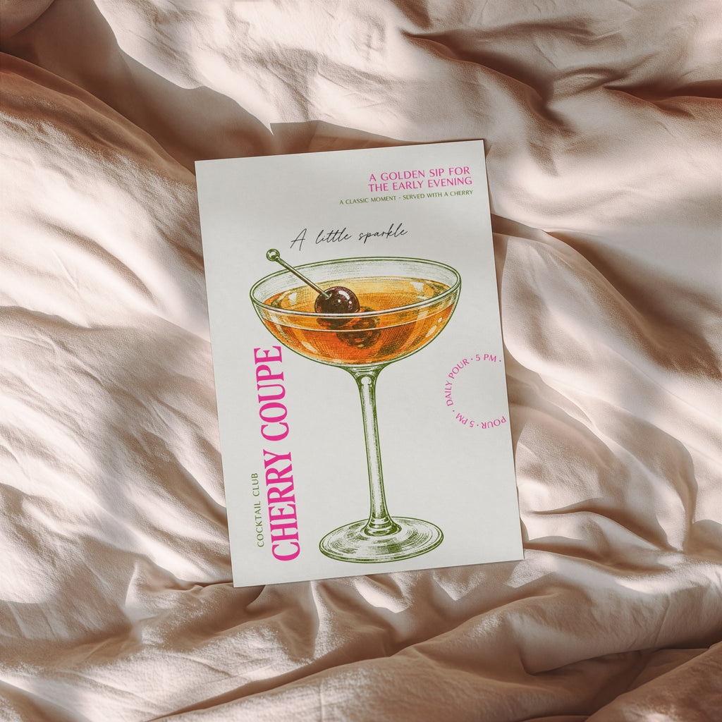 Vintage Cherry Coupe Cocktail Print Poster, Bar Wall Art
