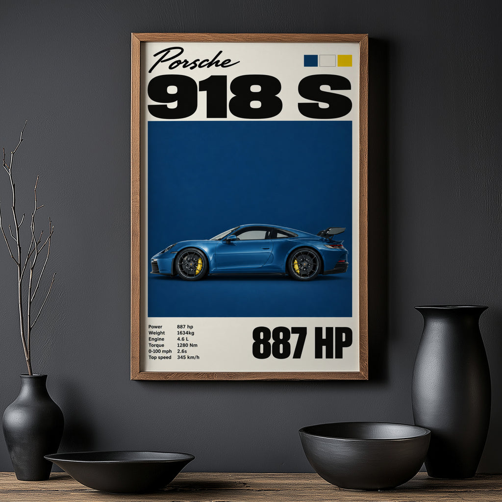 Vintage Porsche 918 S Print, Car Poster, Blue Wall Art