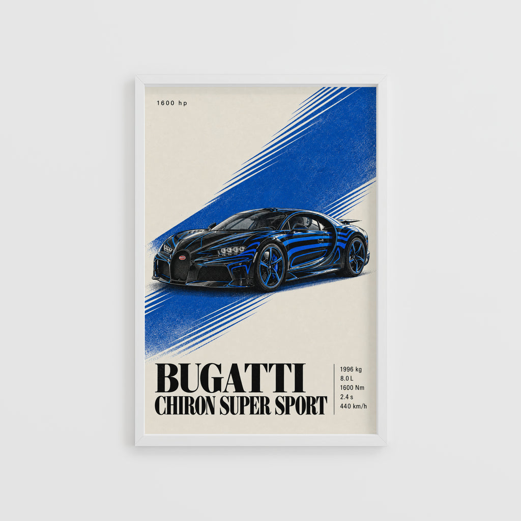 Vintage Bugatti Chiron Print, Blue Car Poster, Wall Art