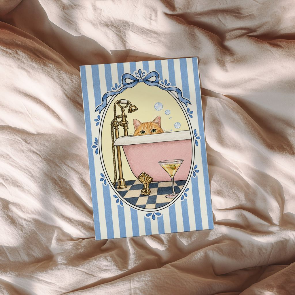 Vintage Cat Bathtub Print and Poster, Bathroom Wall Art