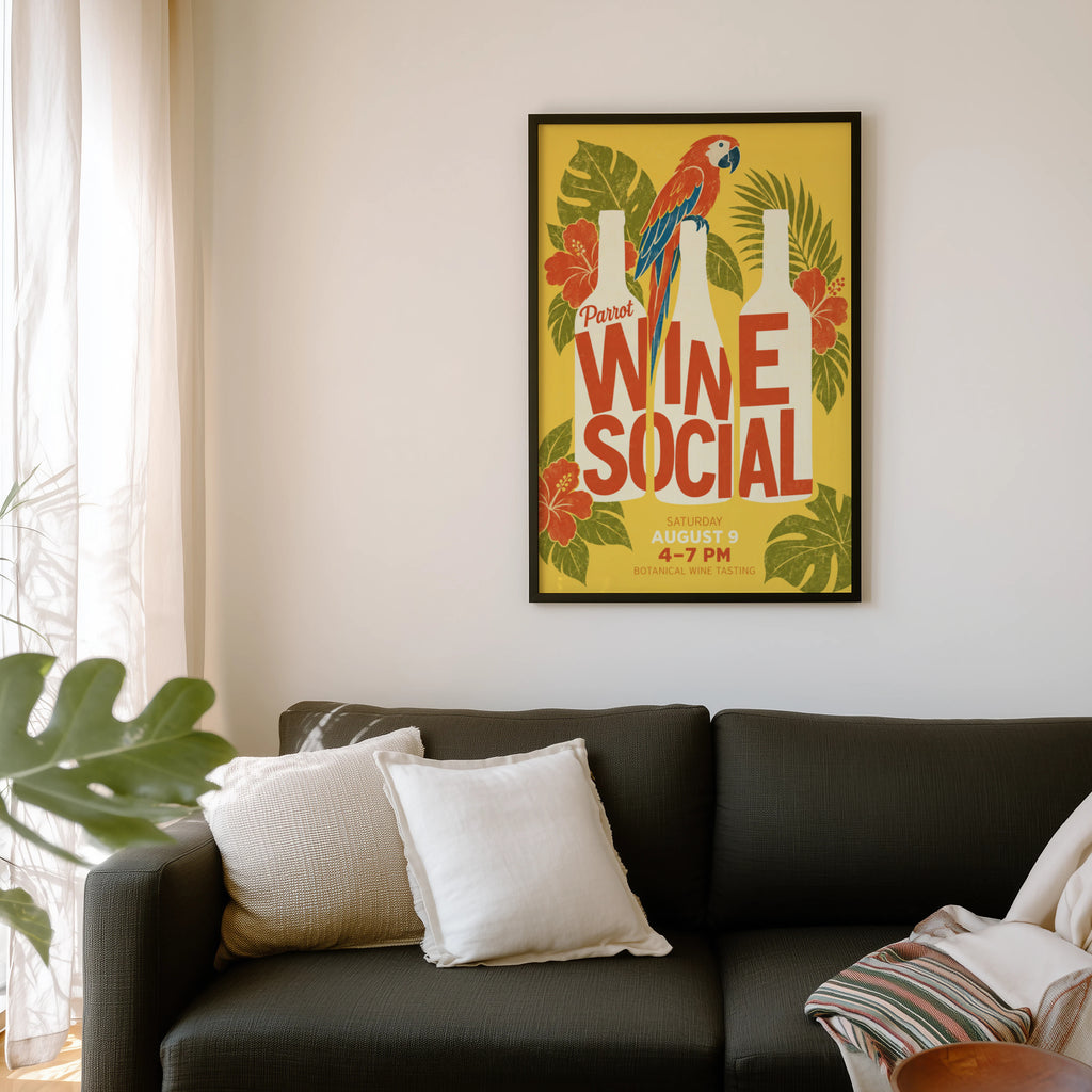 Vintage Wine Social Print Poster, Parrot Tropical Kitchen